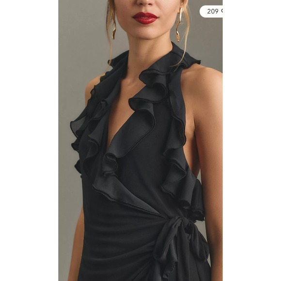 Anthropologie Halter Ruffle Asymmetrical Midi Dress Black Size Small - Picture 3 of 9